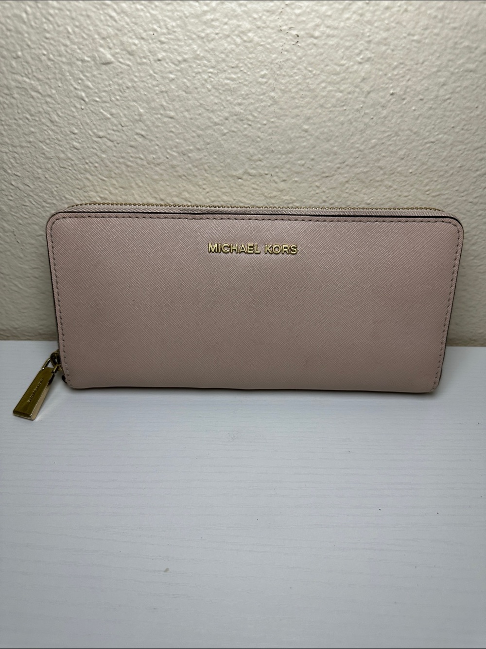 Michael Kors Pale Pink Saffiano Zip Wallet with Gold Hardware